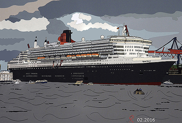 Illustration von Queen Mary II im Hamburg begleitet von dem Raddampfer sowie vielen Booten