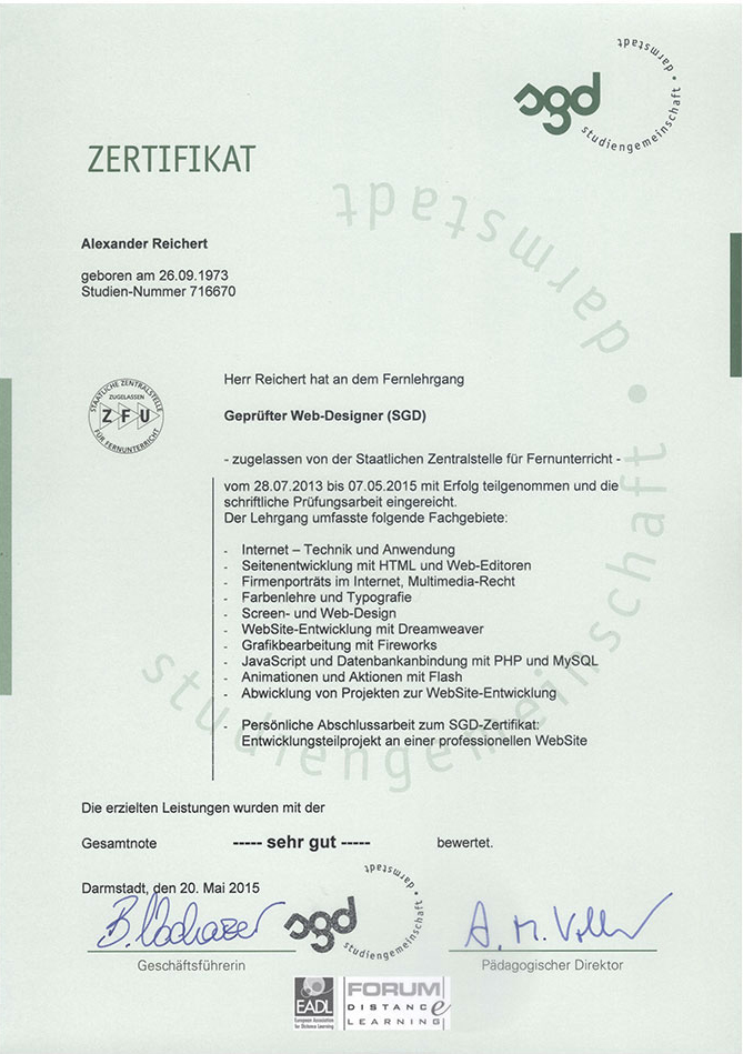 SGD Zertifikat Geprüfter Web-Designer